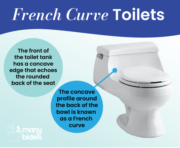 French Curve Toilets: The front of the toilet tank has a concave edge that echoes the rounded back of the seat. The concave profile around the back of the bowl is known as a French curve.